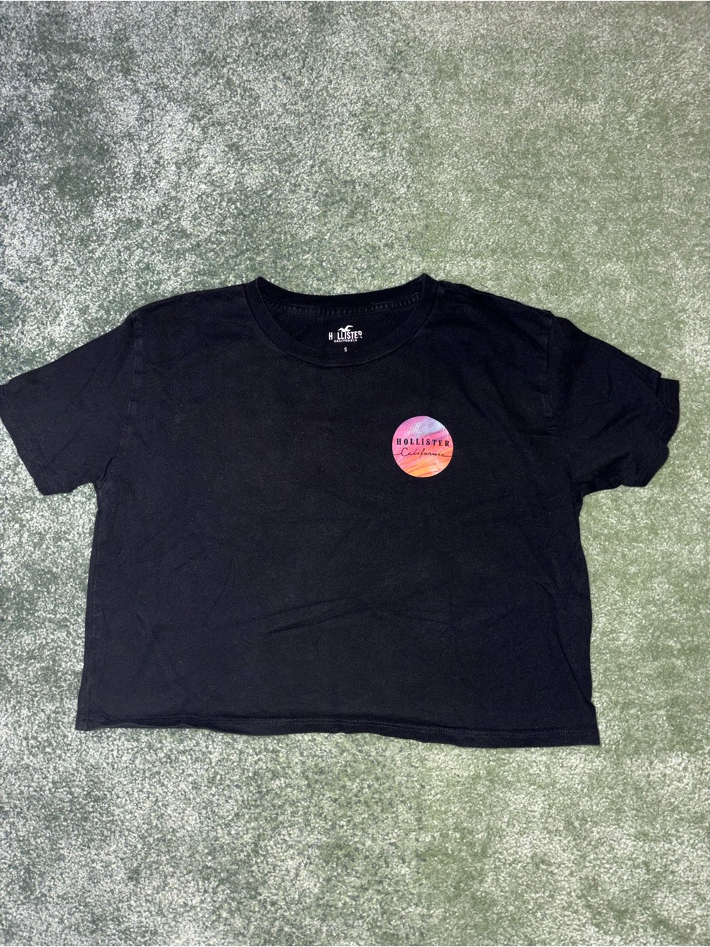 Hollister Black Cropped Logo Tee with Pink-Orange Graphic